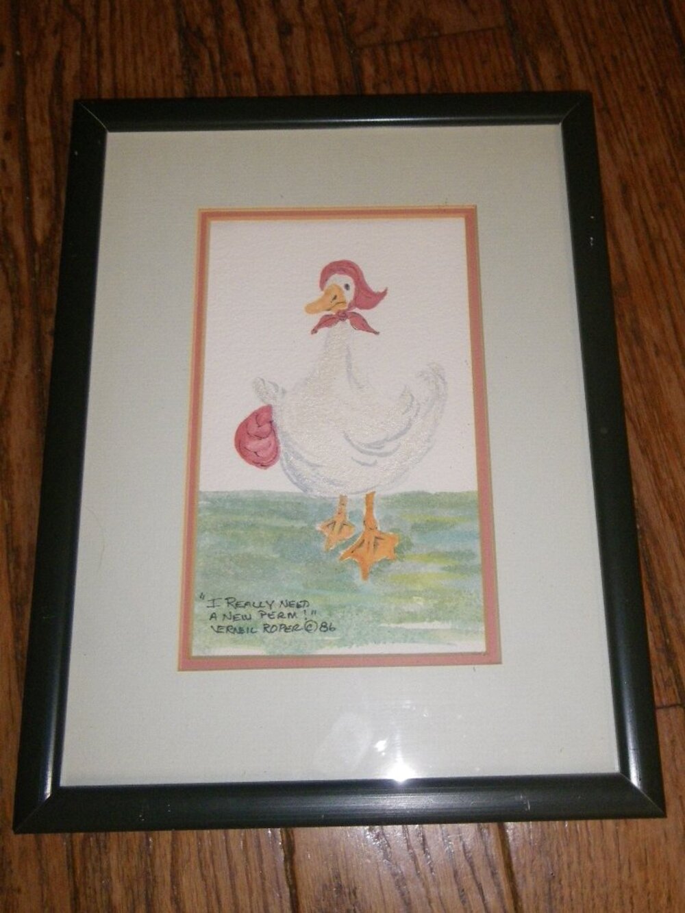 Vintage Framed Watercolor Painting Fun Mother Goose “I really need a new perm!”